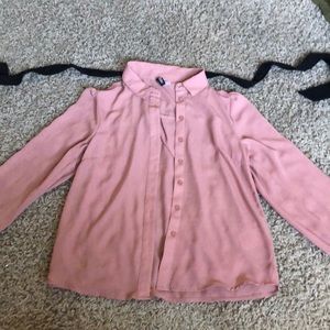 womens pink button front blouse with neck tie